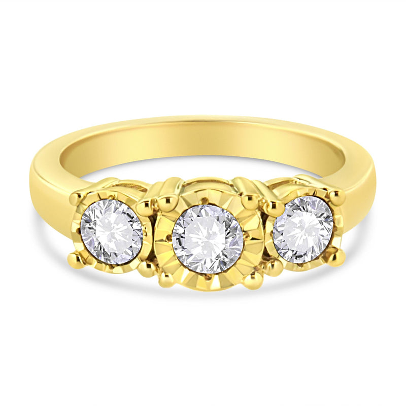 14K Yellow Gold Plated .925 Sterling Silver 1.00 Cttw Miracle-Set Round Diamond Three Stone Engagement Ring (K-L Color,