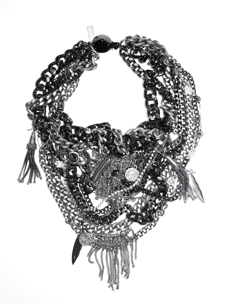 Bib Necklace With Gunmetal and Silver Studded Chains, Swarovski Crystals and Stones.  Perfect for Party, Special Occasio