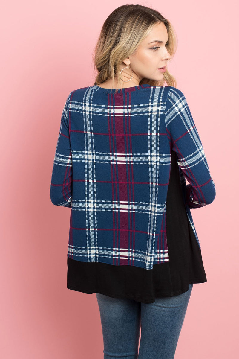 Solid Hem and Side Contrast Plaid Top
