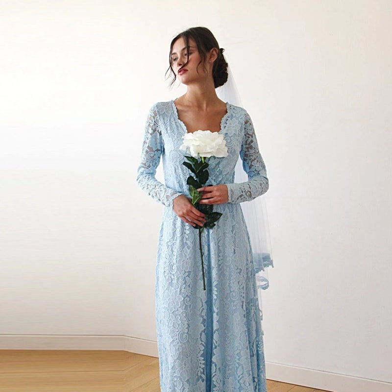 Light Blue  Wrap Floral Lace Long Sleeve Gown With a Train 1151