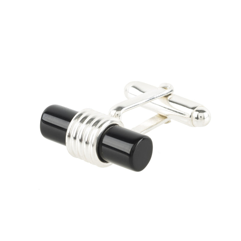 Cylindrical Cufflink Silver Black Onyx