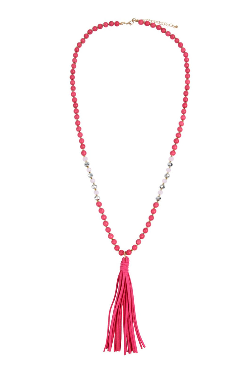 Beaded Necklace With Leather Tassel