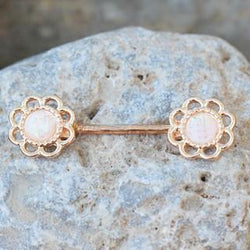 Rose Gold Synthetic Opal Flower Nipple Bar