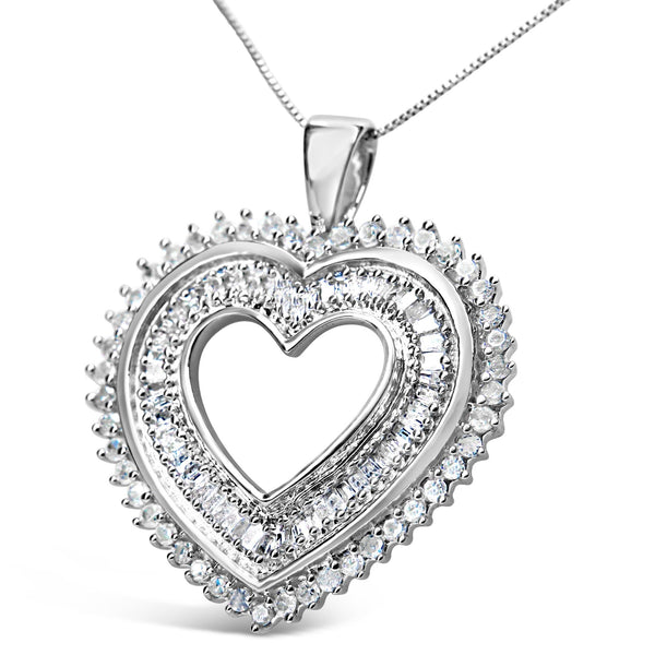 .925 Sterling Silver 1.0 Cttw Baguette and Round Diamond  Heart Pendant 18" Necklace (H-I Color, I3 Clarity)