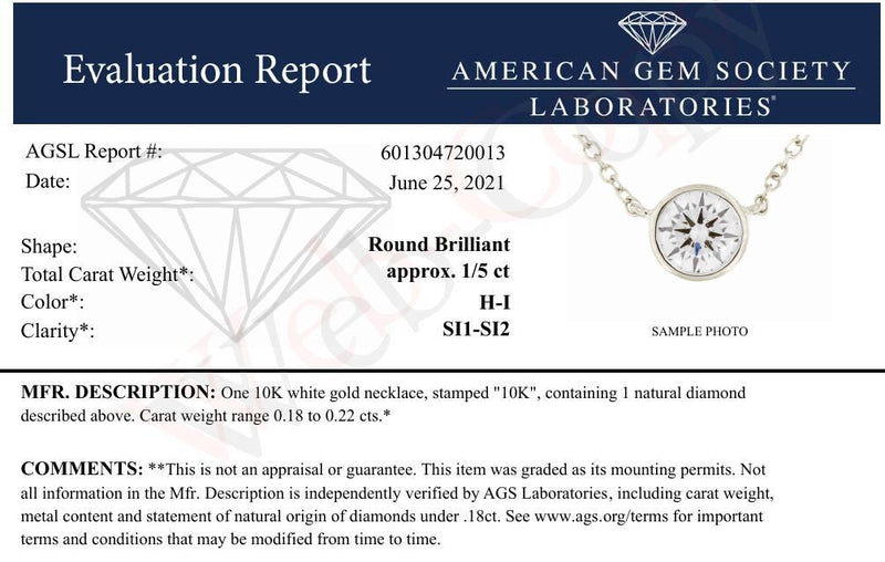 AGS Certified 10K White Gold 1/5 Cttw Bezel Set Round Diamond Solitaire 16-18" Adjustable Pendant Necklace (H-I Color, S