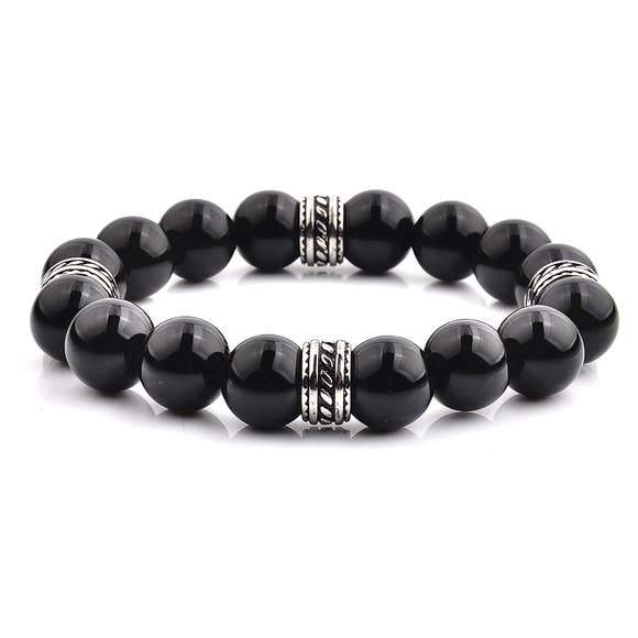 Crucible Stainless Steel Polished Onyx Tribal Beaded Stretch Bracelet (12mm)