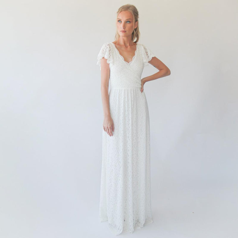 Ivory Wrap Lace Bohemian Wedding Dress #1298