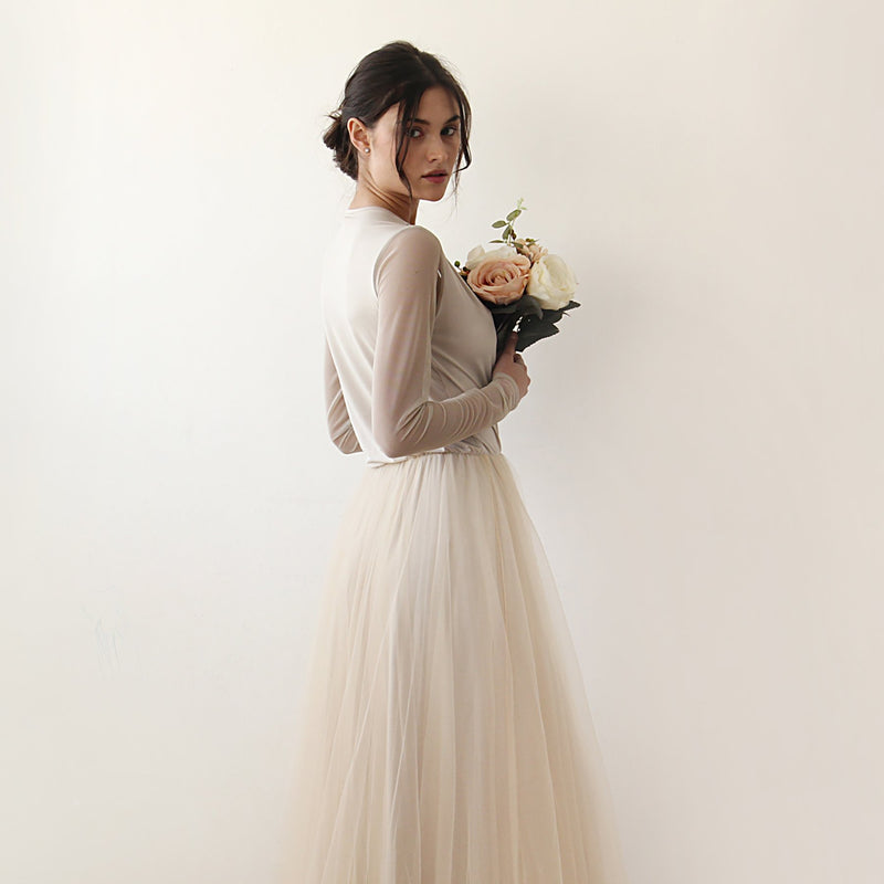 Champagne Wrap Tulle Gown With Long Chiffon Sleeves and Slit 1174