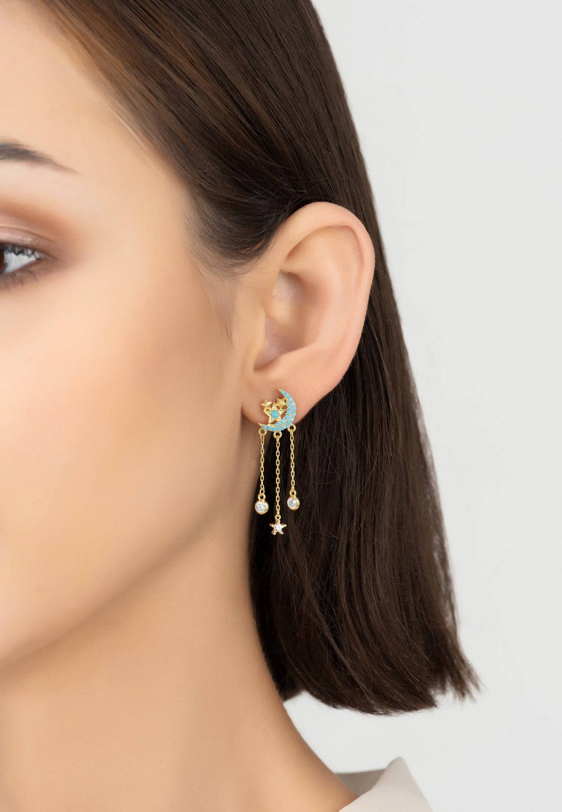 Lunar Moon Chain Drop Earrings Gold Turquoise