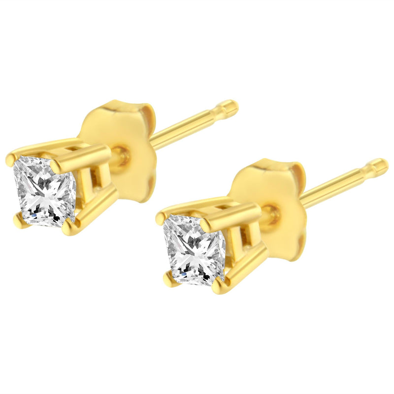 AGS Certified 14k Yellow Gold 1/2 Cttw 4-Prong Set Princess-Cut Solitaire Diamond Push Back Stud Earrings (I-J Color, SI