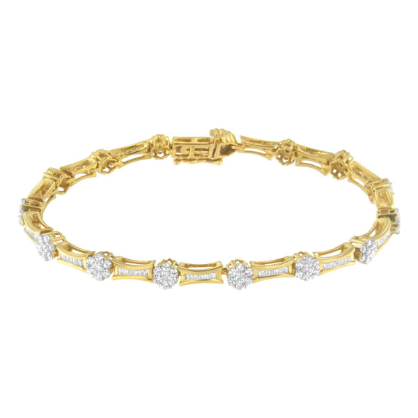 10K Yellow and White Gold 2.00 Cttw Round and Baguette-Cut Diamond Link Bracelet (I-J Color, I2-I3 Clarity) - Size 7.25"