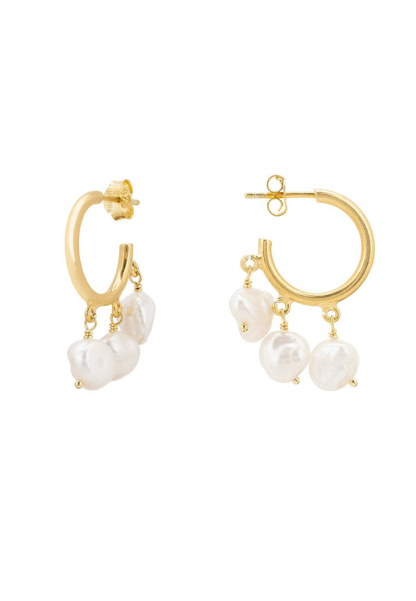 Pearl Cluster Drop Hoop Earrings Gold