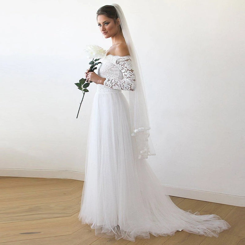 Ivory Off-The-Shoulder Lace and Tulle Train Wedding Gown 1162