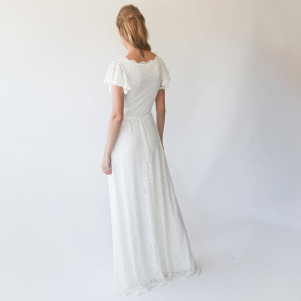 Ivory Wrap Lace Bohemian Wedding Dress #1298