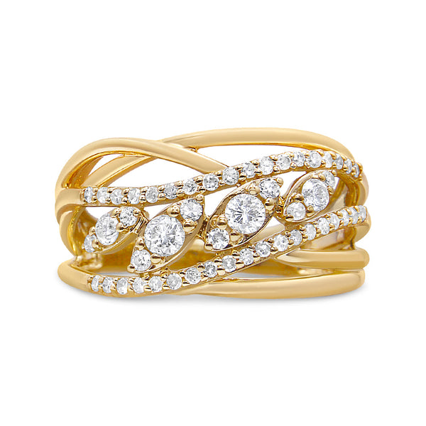 10K Yellow Gold 1/2 Cttw Round-Cut Multi Row Diamond Split Shank Cocktail Ring (H-I Color, SI2-I1 Clarity) - Size 9