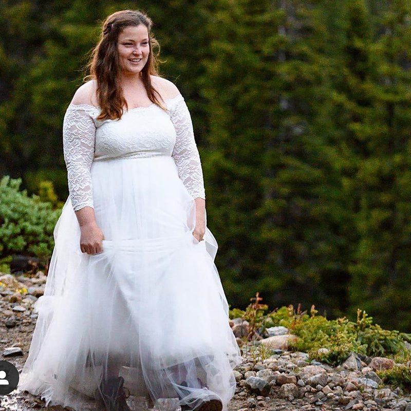 Curvy  Off-The-Shoulder  Ivory Wedding Train Dress  #1162