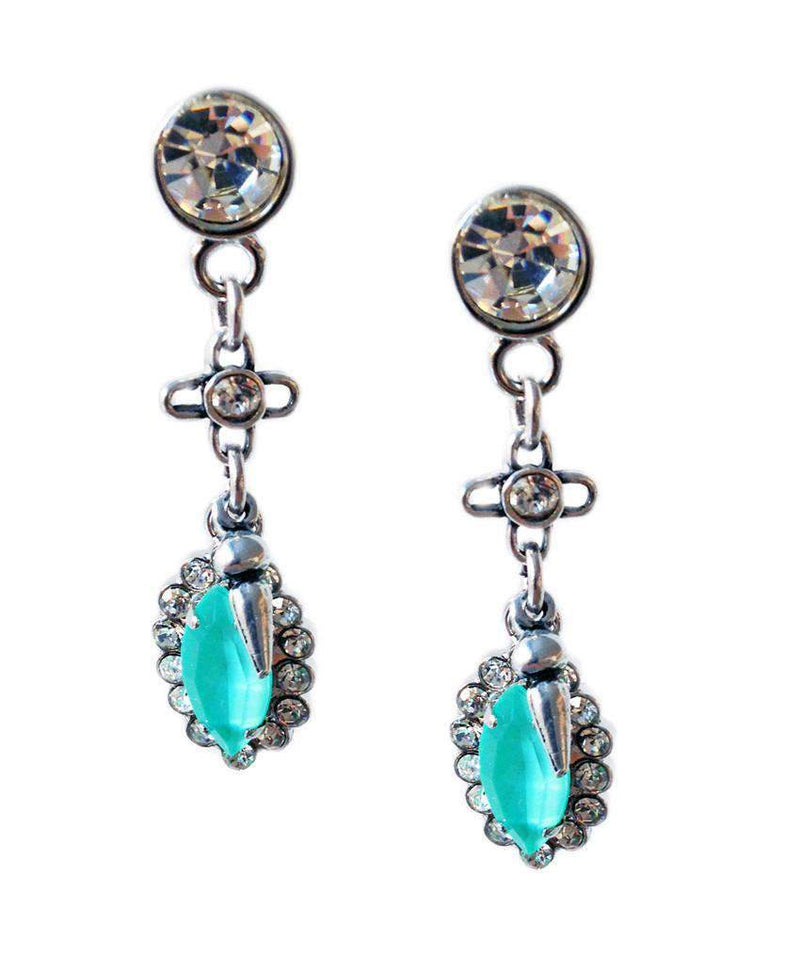 Aquamarine Swarovski Crystal Dangle and Drop Earrings With Rhinestones, Rhodium and Antique Silver Plated Brass.