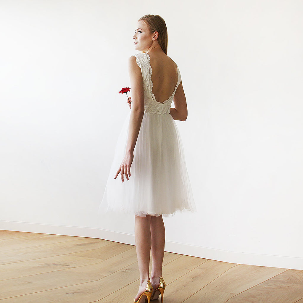 Short wedding dress ,Ivory Tulle & Lace Midi Dress #1144