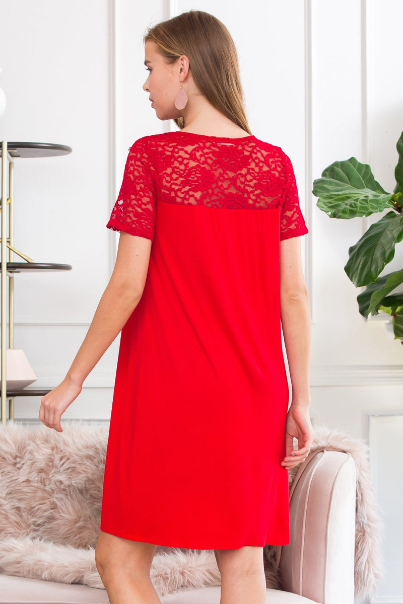 Short Sleeve Pleated Lace Detail Dress