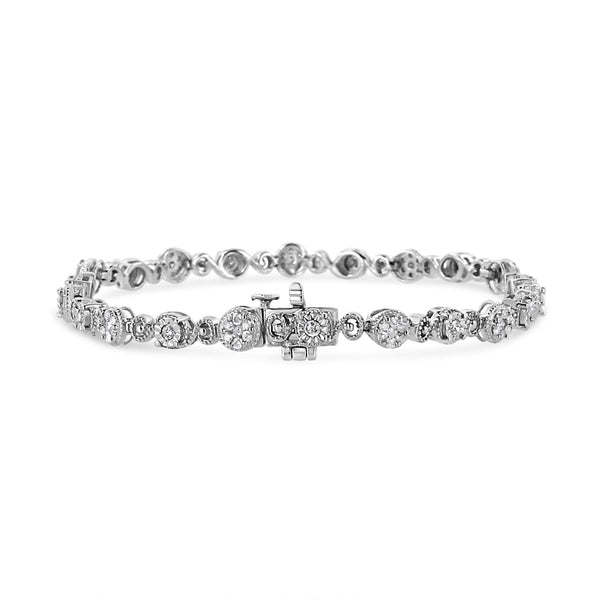 .925 Sterling Silver 1.0 Cttw Diamond Swirl Beaded Link Bracelet (I-J Color, I3-Promo Clarity) - 7.25" Inches