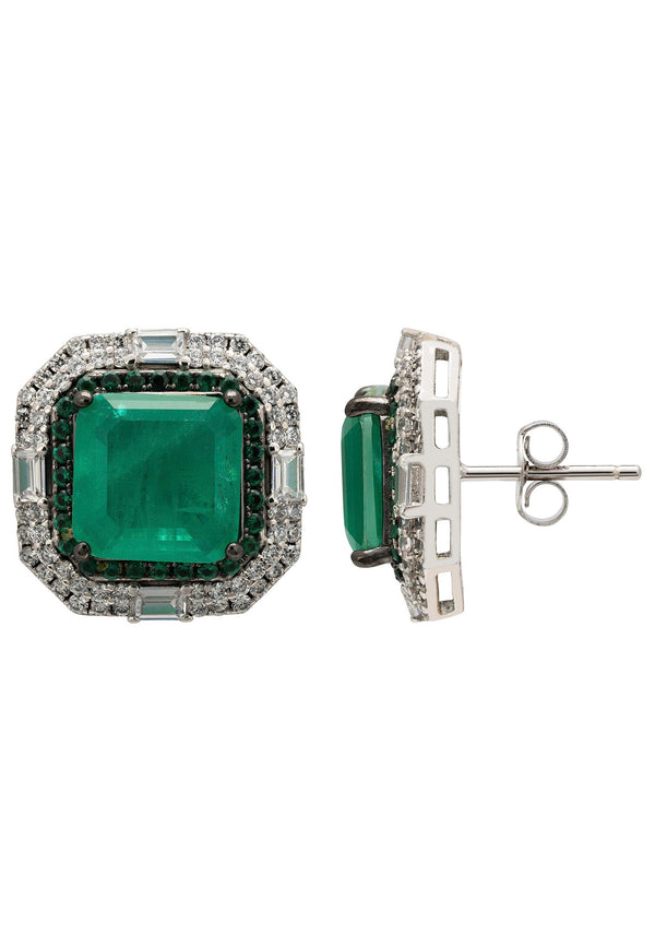 Madeleine Colombian Emerald Large Stud Earrings Silver
