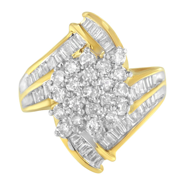 10K Yellow Gold Round and Baguette Diamond Swirl Ring (2.0 Cttw, J-K Color, I2 Clarity) - Size 7-1/4