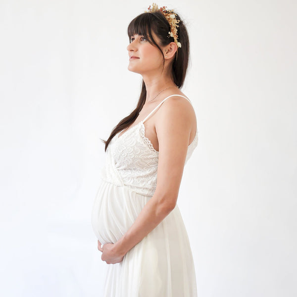 Maternity Ivory Wrap Straps Lace Dress With Chiffon Mesh Skirt  #7015
