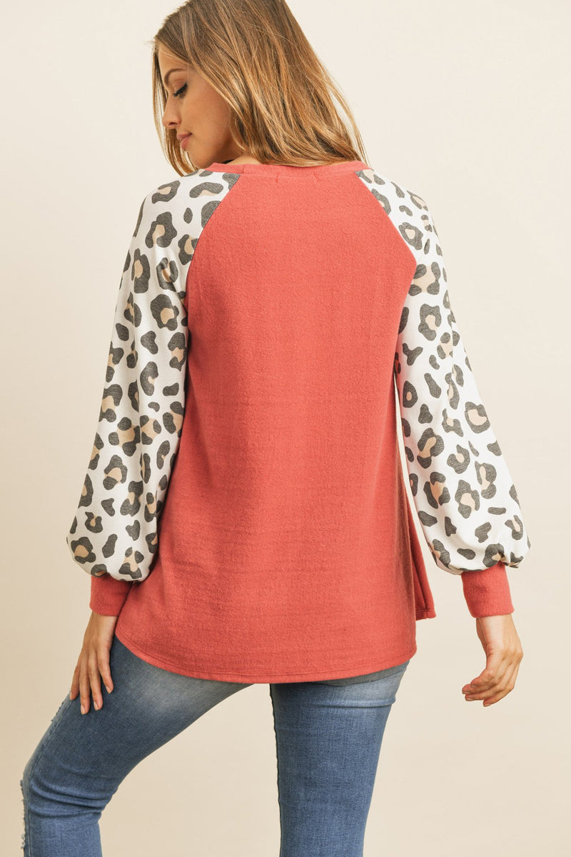 Leopard Puff Sleeved Solid Hacci Top