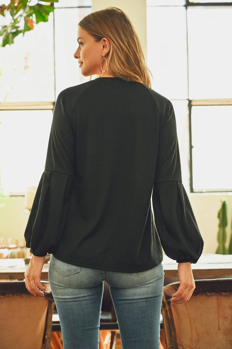 Tiered Puff Sleeved Brushed Rib Top