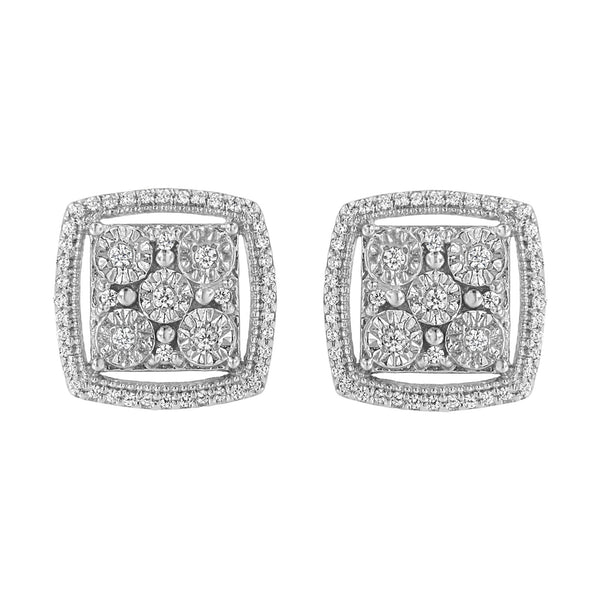 .925 Sterling Silver 3/8 Cttw Miracle Set Round Diamond Double Halo Cluster Earrings (I-J Color, I2-I3 Clarity)