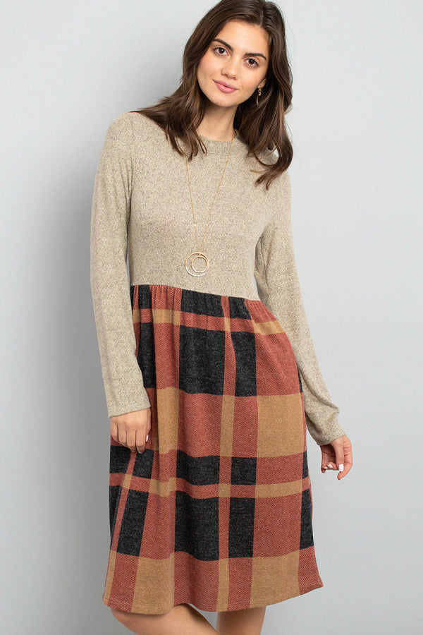 Two Toned High Neck Long Sleeves Plaid Contrast Dress