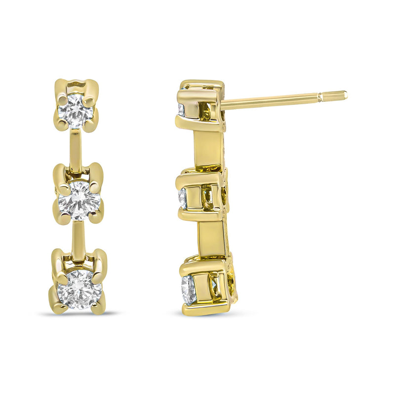 14K Yellow Gold 1/2 Cttw Round Diamond 3 Stone Graduated Linear Drop Past, Present and Future Stud Earrings (H-I Color,