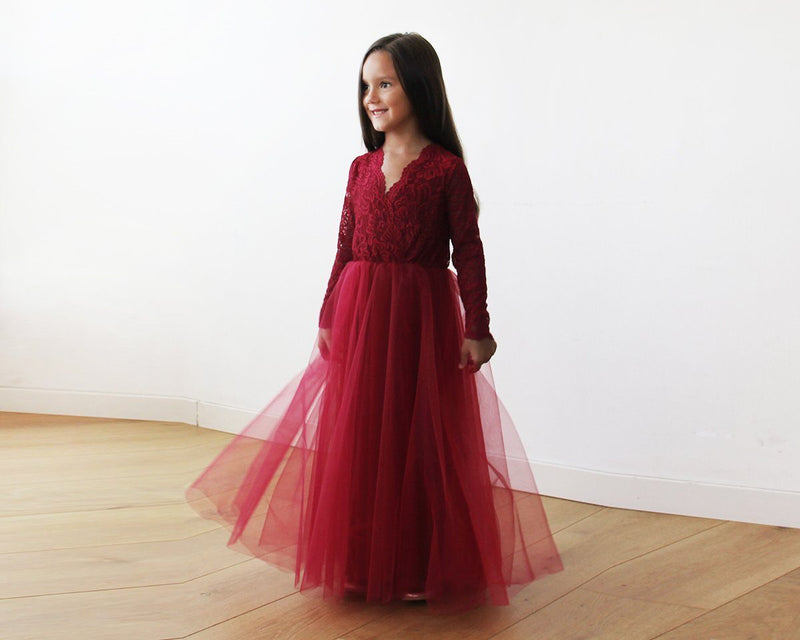 Burgundy Tulle and Lace Long Sleeves Flower Girls Gown 5043