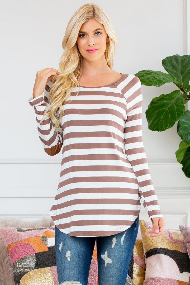 Long Sleeved Striped Elbow Suede Patch Tunic