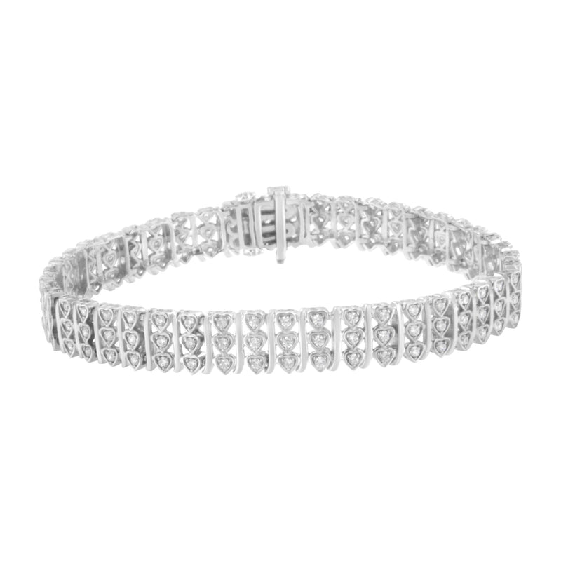 .925 Sterling Silver 1 1/2 Cttw Round Diamond 3 Row Heart Link Bracelet (I-J Color,I3 Clarity) - 7.25 "