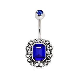316L Stainless Steel Radiant Cut Sapphire Blue CZ Ornate Navel Ring