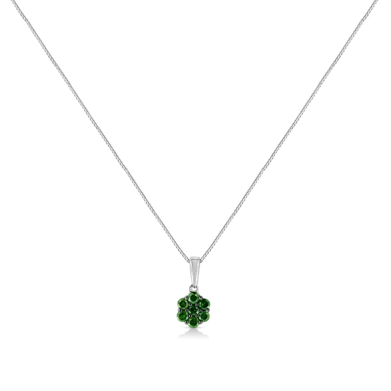 .925 Sterling Silver 1/2 Cttw Prong Set Treated Green Diamond Floral Cluster 18" Pendant Necklace (Green Color, I1-I2 Cl