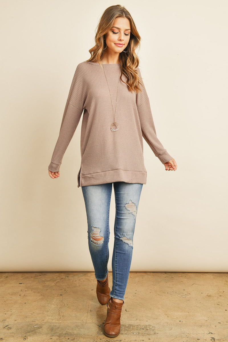 Solid Waffle Round Neck Tunic Top