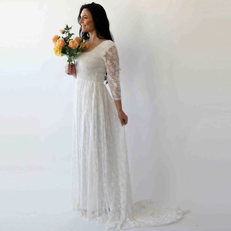 Curve & Plus Size Ivory Square Neckline Vintage Inspired Wedding Dress , Ivory Lace Long Sleeves Dress,  1272