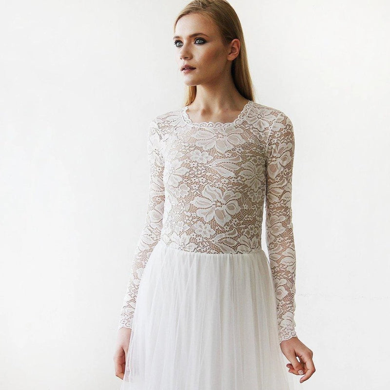 Round Neck-Line Long Sleeves Sheer Lace and Maxi Tulle 1152