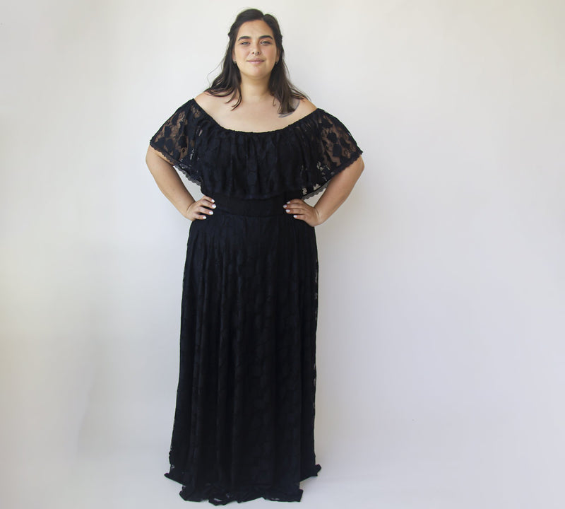 Black Ruffled Crinkle Off-Shoulder Maxi Dress #1338