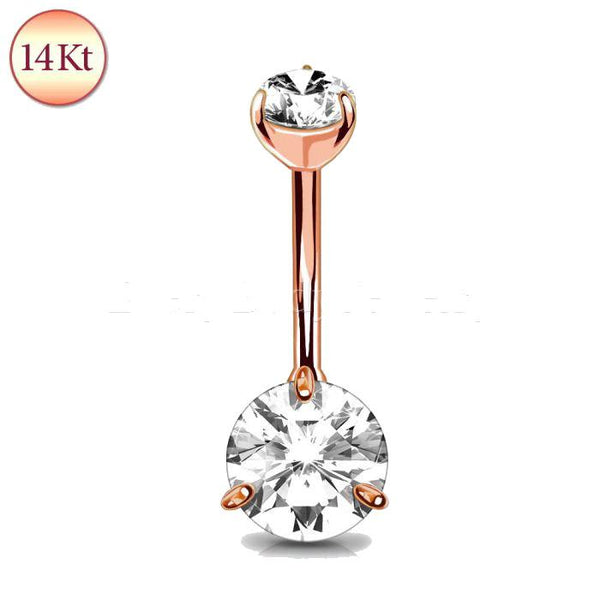 14Kt Rose Gold Navel Ring With Prong Set Clear Round CZ