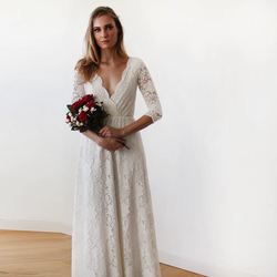 1266Sleeves Lace Wedding Dress, Ivory Boho Wedding Dress 1124