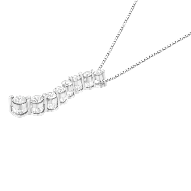 AGS Certified 14k White Gold 3.0 Cttw Baguette and Brilliant Round-Cut Diamond Journey 18" Pendant Necklace (F-G Color,
