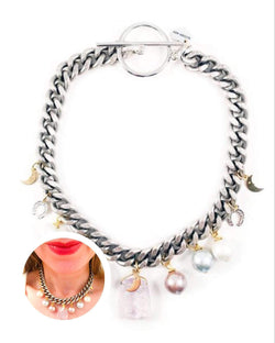Rose Quartz Statement Choker With Pearls and Charms. Perfect for Parties, Summer Time and Gift for Her.