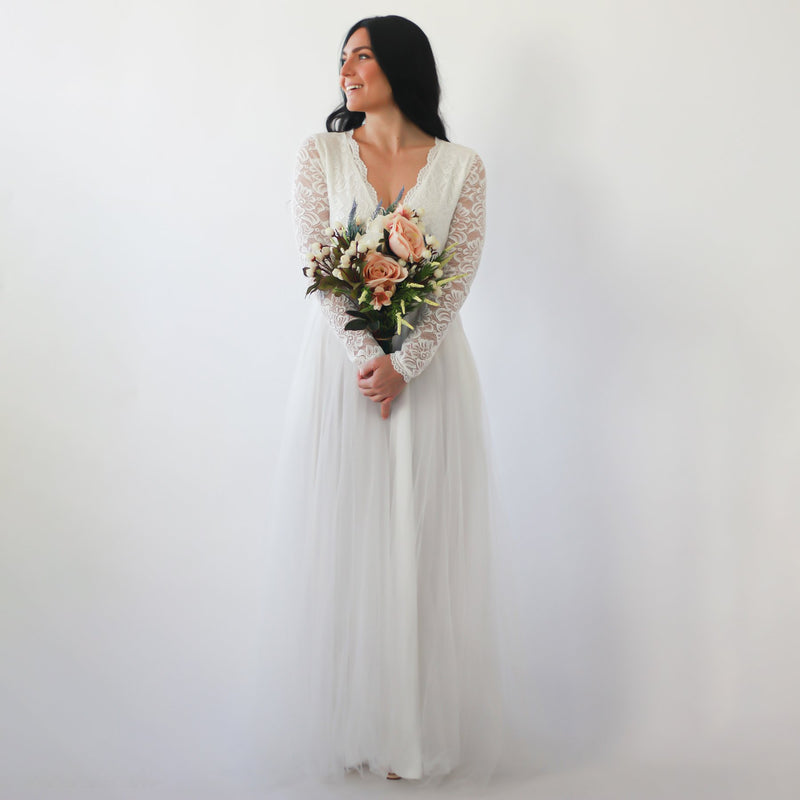 Ivory Lace Long Sleeves Wedding Dress With Pockets  #1266