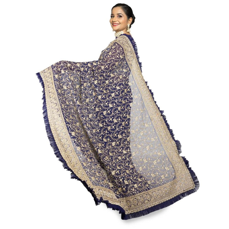 Navy Blue Georgette Saree With Frill Edge