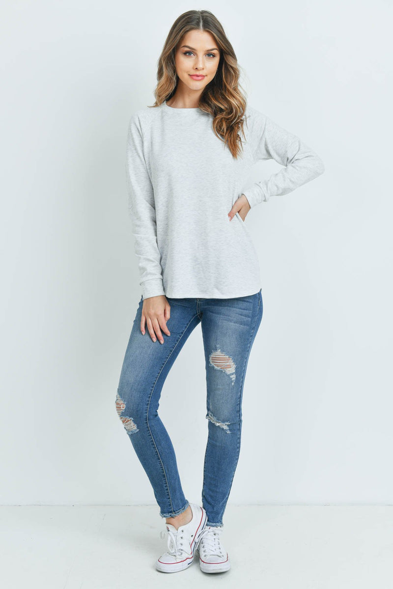 Solid French Terry Brushed Back Round Neck Long Sleeved Top