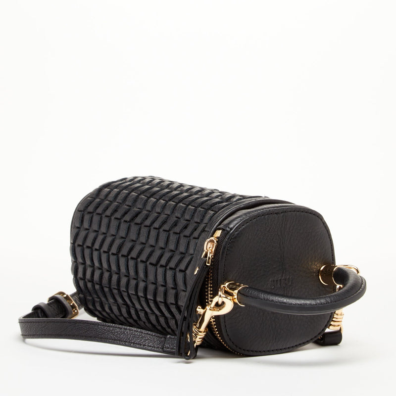 Elsa Small Leather Weave Bucket Bag Black