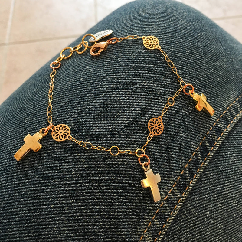 Cross Bracelet in Gold Plated Brass. Lucky Charm Bracelet, Charm Bracelet, Perfect Gift for Her.